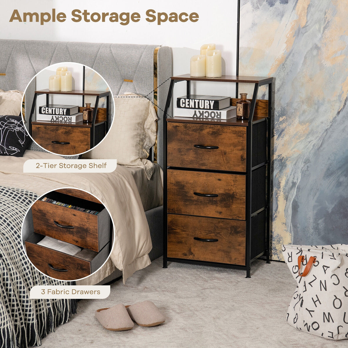 Freestanding Cabinet Dresser with Wooden Top Shelves, M