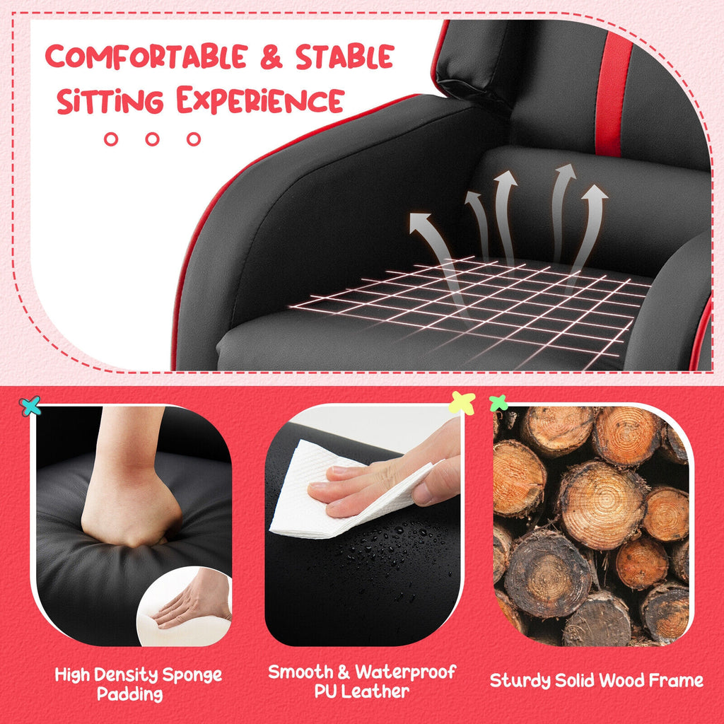 Kids Recliner Chair with Side Pockets & Footrest - Style G, Red