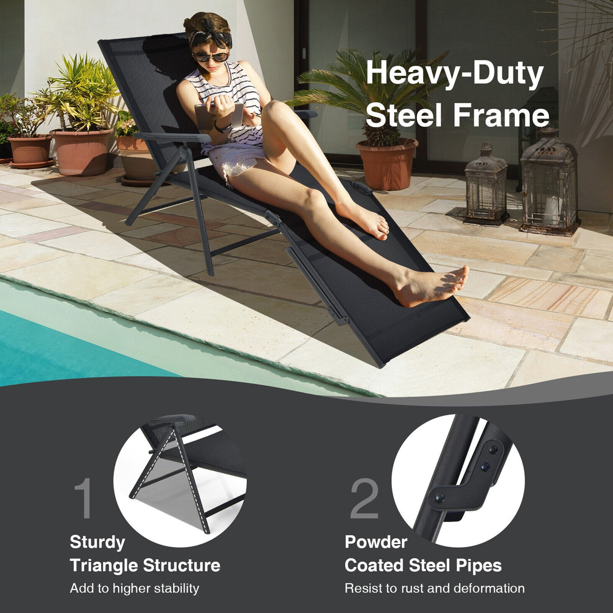 Foldable Chaise Lounge Chair with Footrest - Black