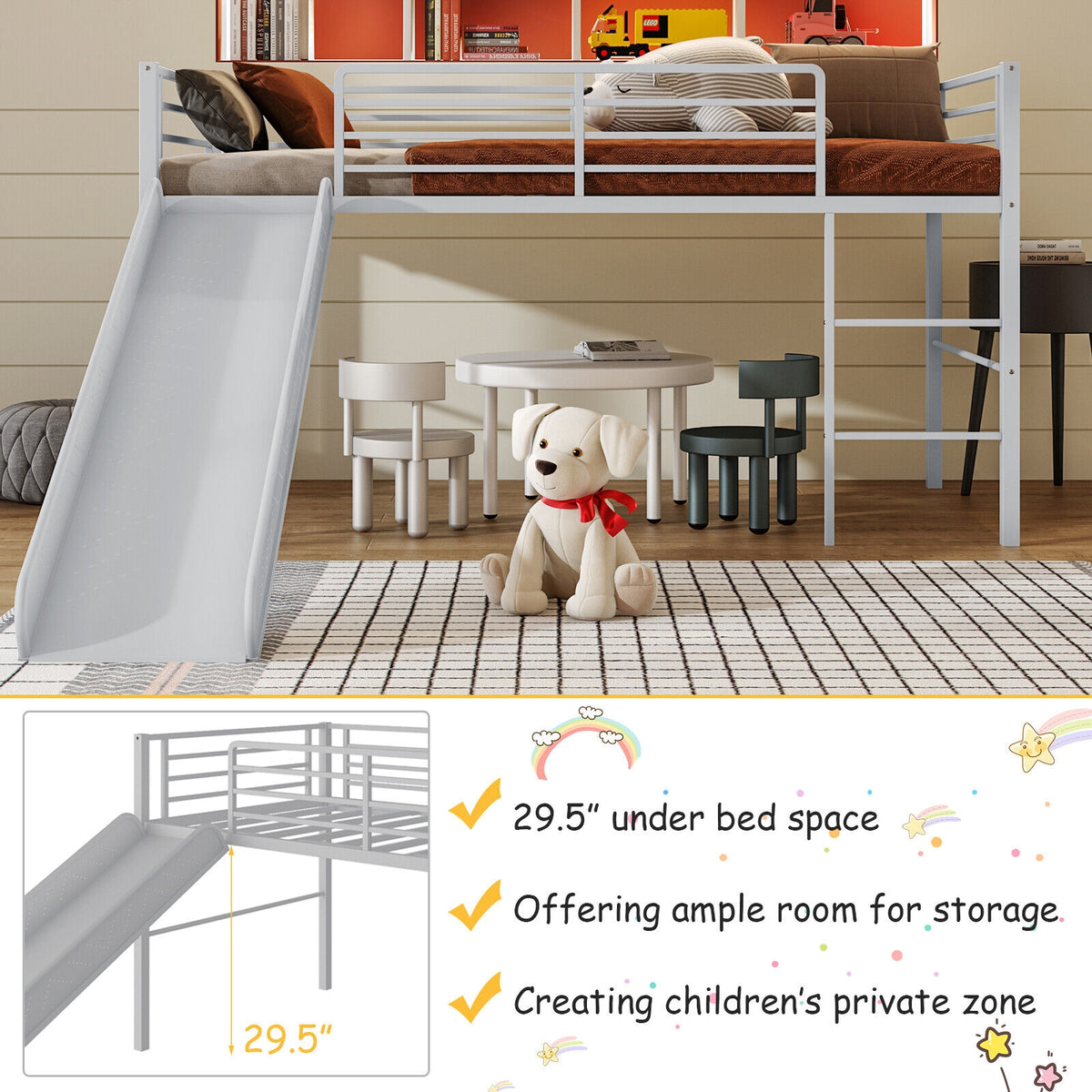 Twin Metal Loft Bed with Slide & Ladder - Silver
