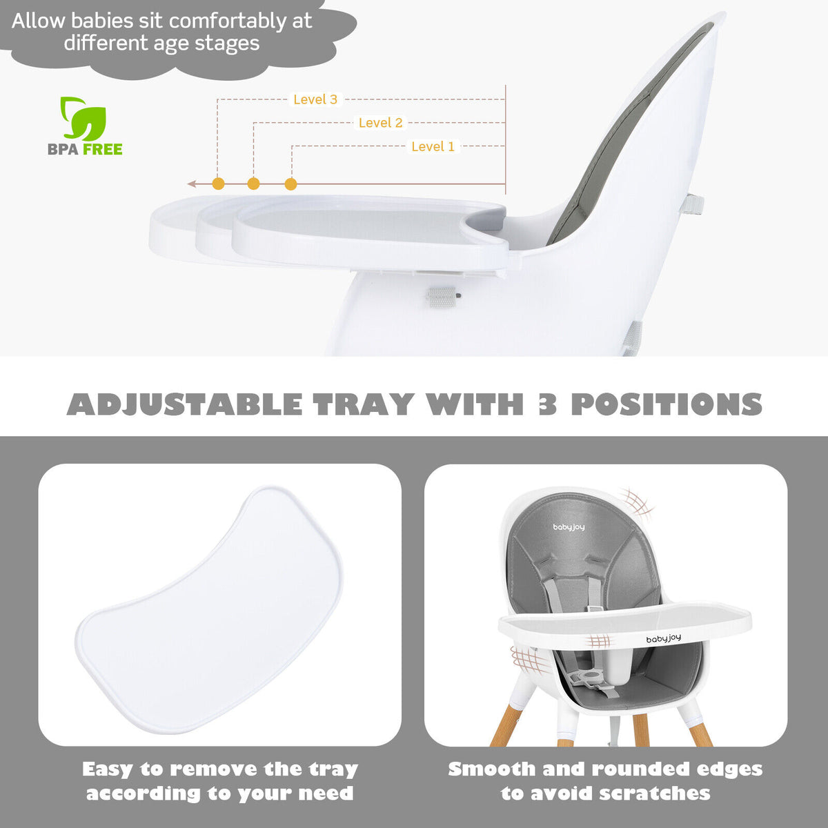4-in-1 Convertible Baby High Chair Infant Feeding Chair Gray - Adjustable & Safe