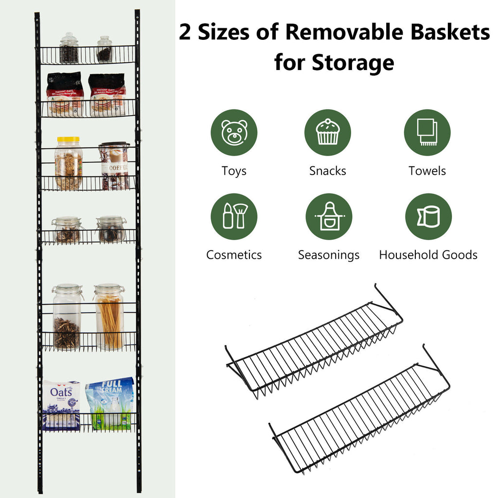 Over the Door Pantry Organizer Rack with Adjustable Hooks and 6 Baskets - Kitchen & Storage