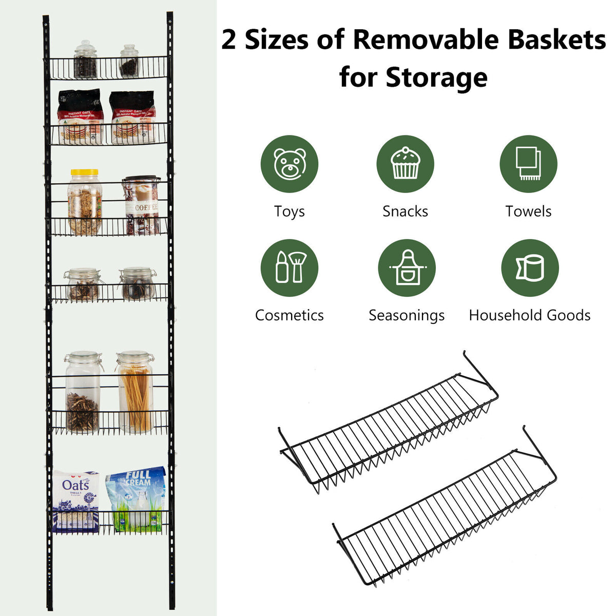 Over the Door Pantry Organizer Rack with Adjustable Hooks and 6 Baskets - Kitchen & Storage