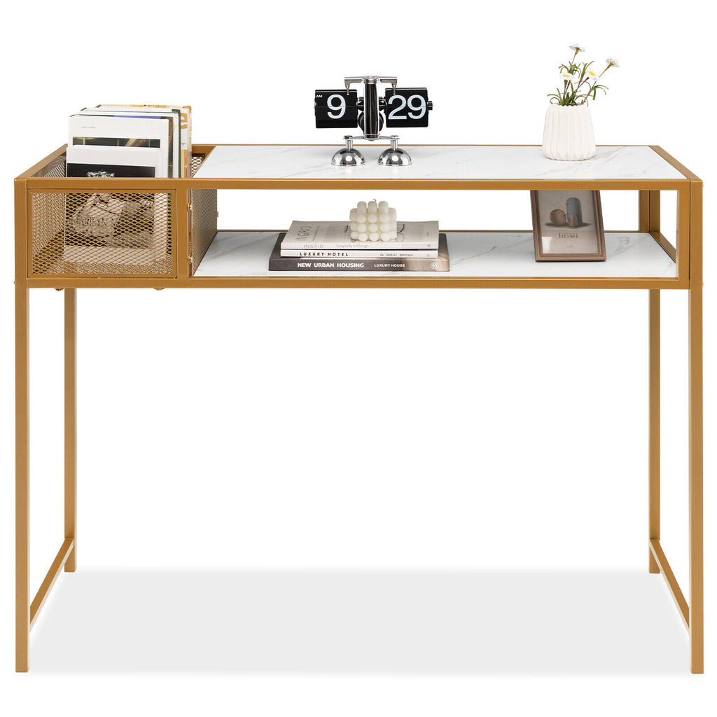 Faux Marble Console Table with Wire Basket for Entryway