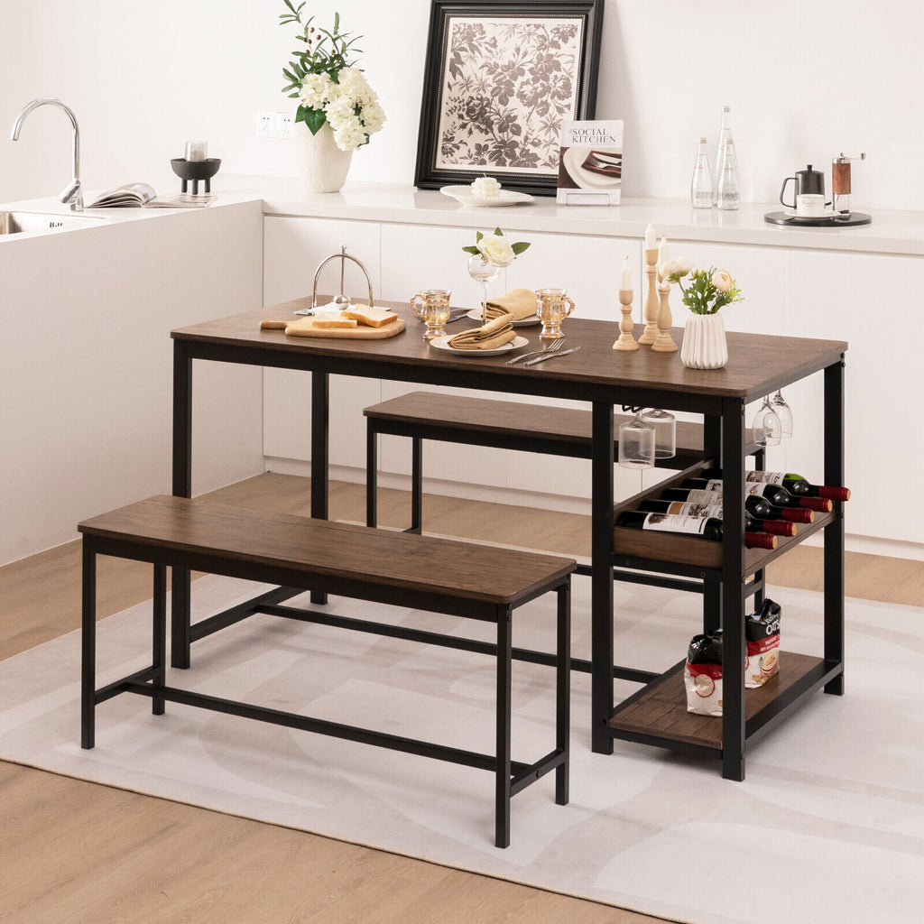 3-Piece Dining Table Set with Wine Rack - Brown