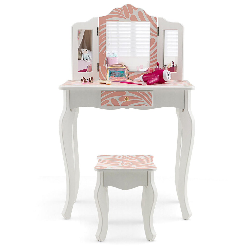 Kids Vanity Table Set with Tri-Fold Mirror - Pink, 2-in-1 Dressing & Writing Desk