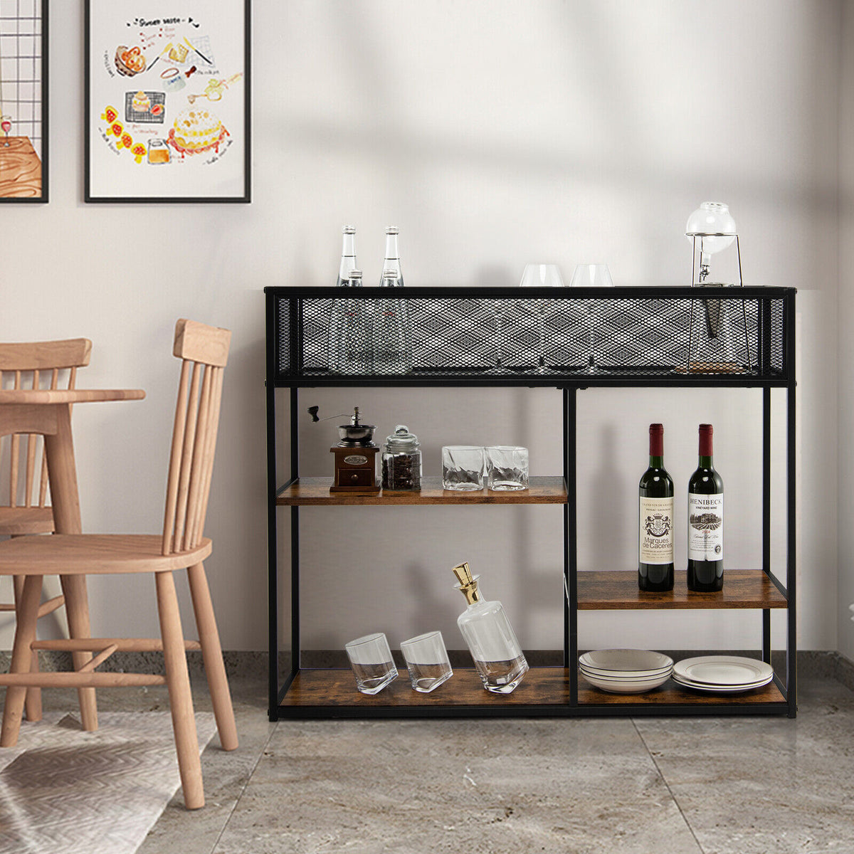4-Tier Industrial Console Table with Wire Basket - Rustic Brown