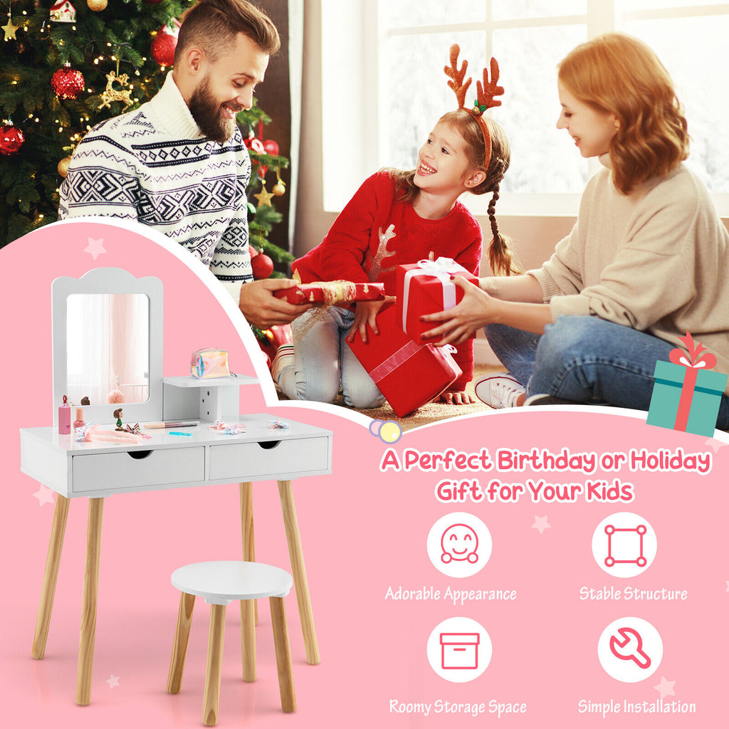 Kids Vanity Table and Chair Set with Mirror & 2 Storage Drawers - White, 3-7 Years