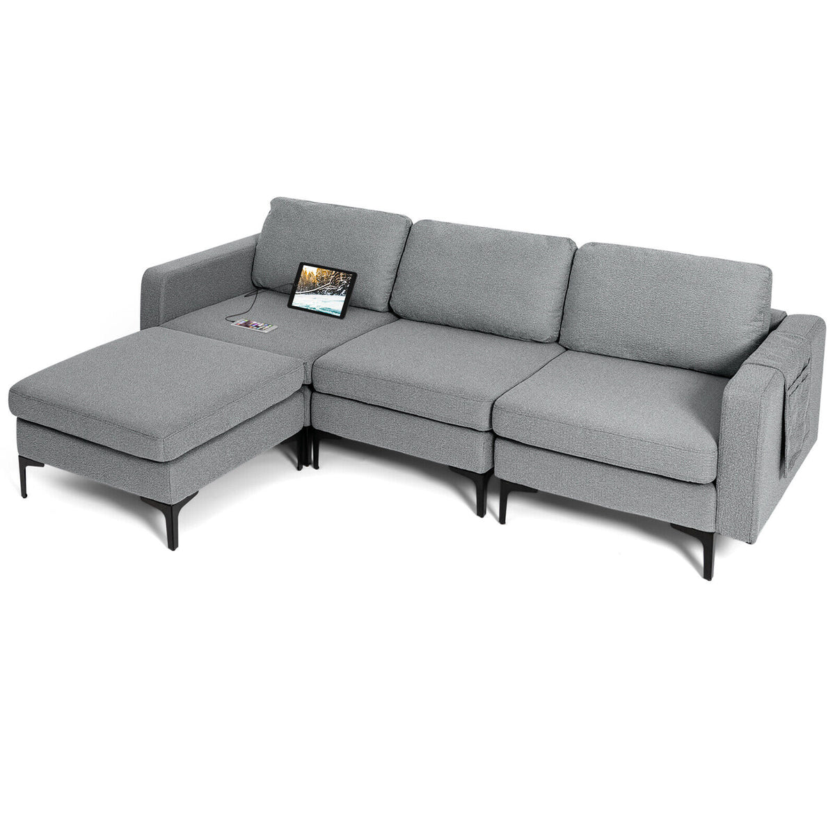 3-Seat L-Shaped Sectional Sofa with Reversible Chaise and USB Ports - Dark Gray