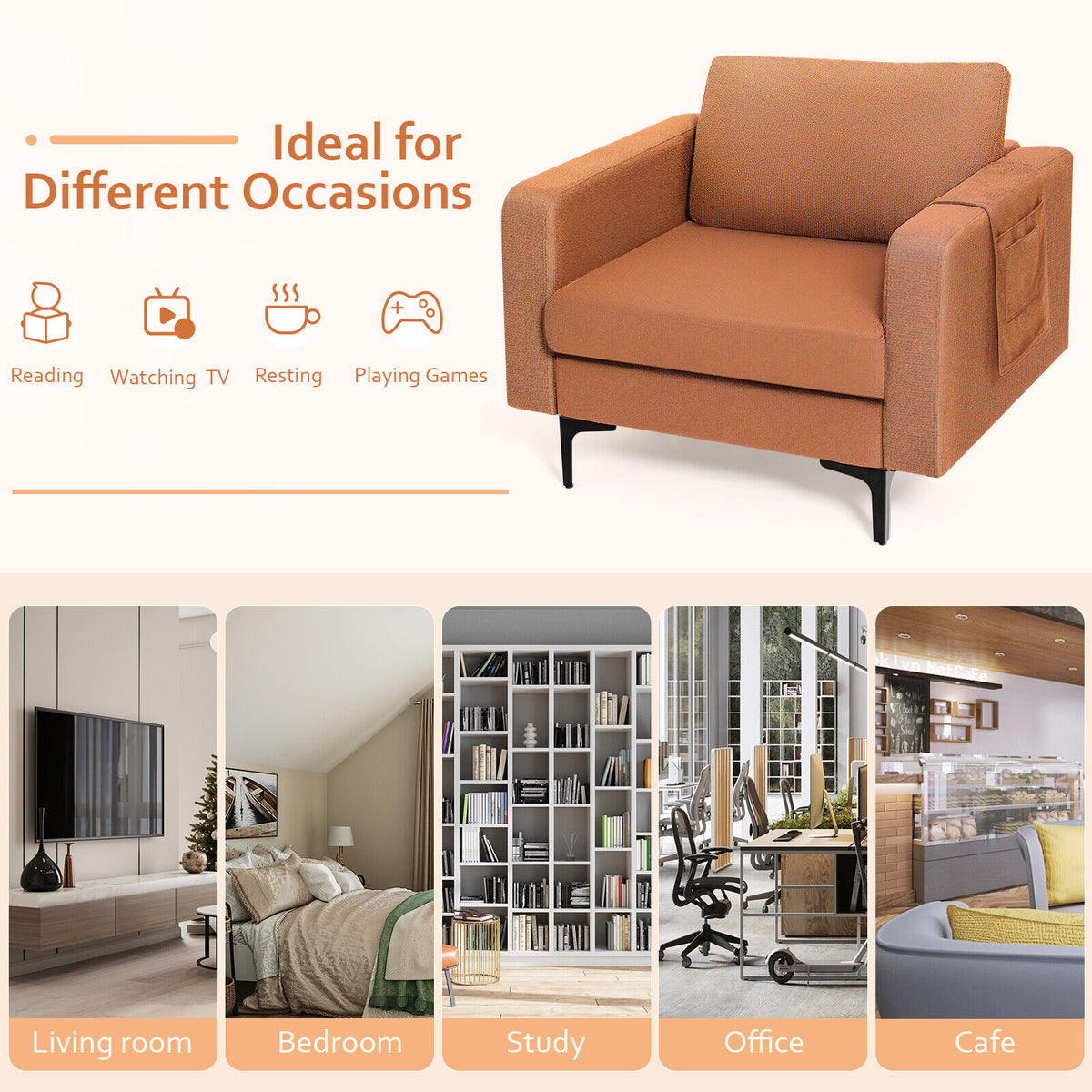 Modern Accent Armchair with Side Storage Pocket - Orange