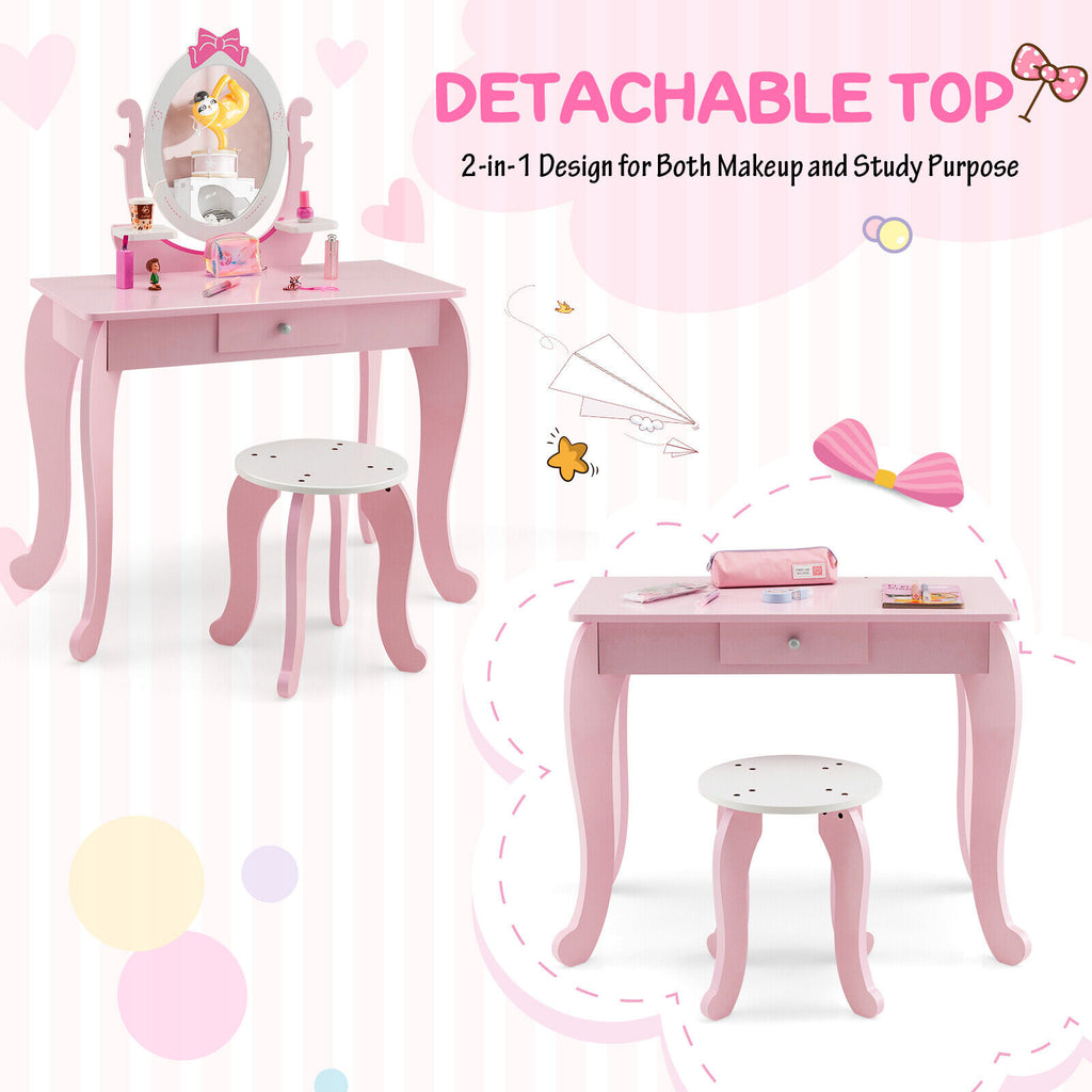 Kids Vanity Table Stool Set with Pink Storage Drawer & Rotatable Mirror - Costway