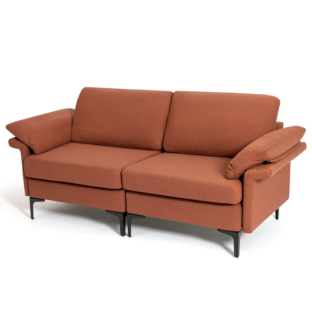 Rust Red Loveseat Sofa with Metal Legs & Armrest Pillows