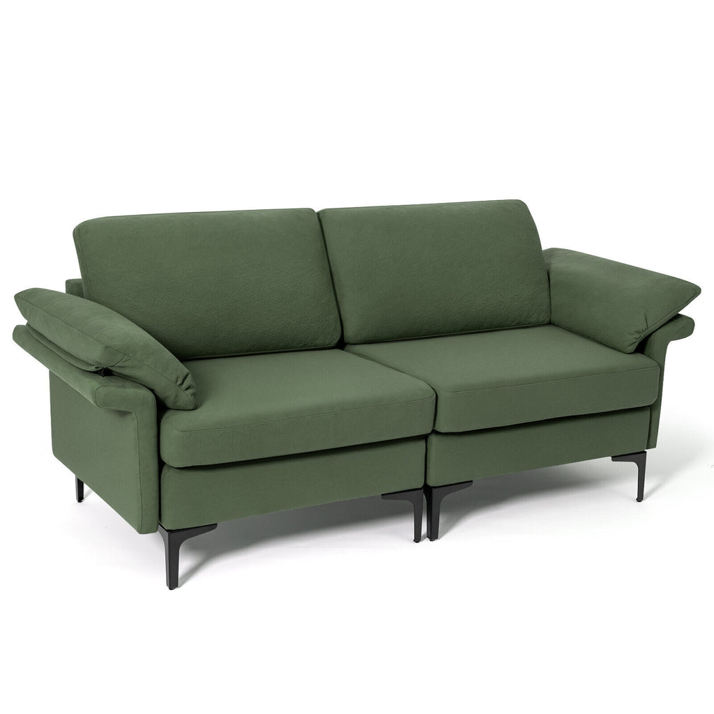 Rust Red Loveseat Sofa with Metal Legs & Armrest Pillows