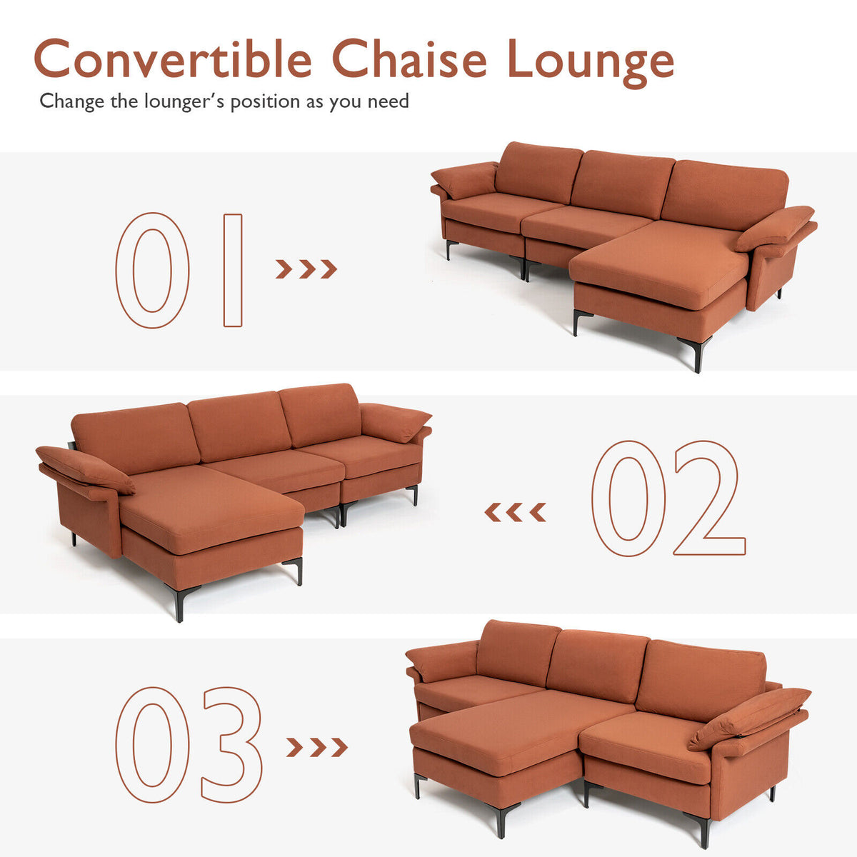 3-Seat L-Shaped Sectional Sofa with Reversible Chaise, Rust Red