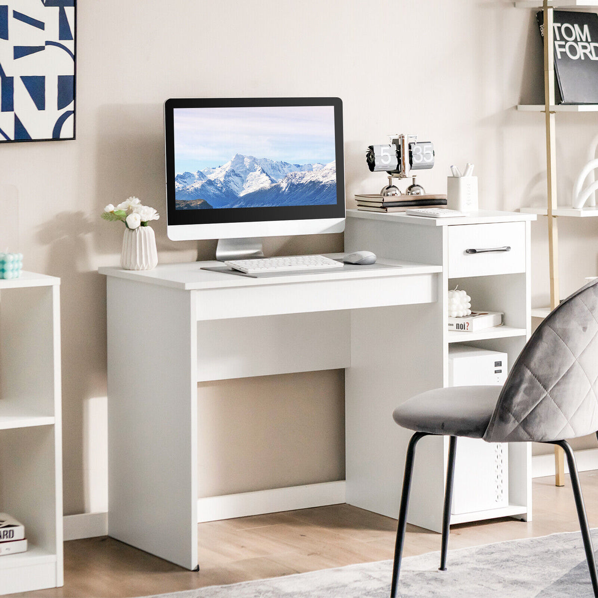 Compact Computer Desk with Drawer and CPU Stand, White