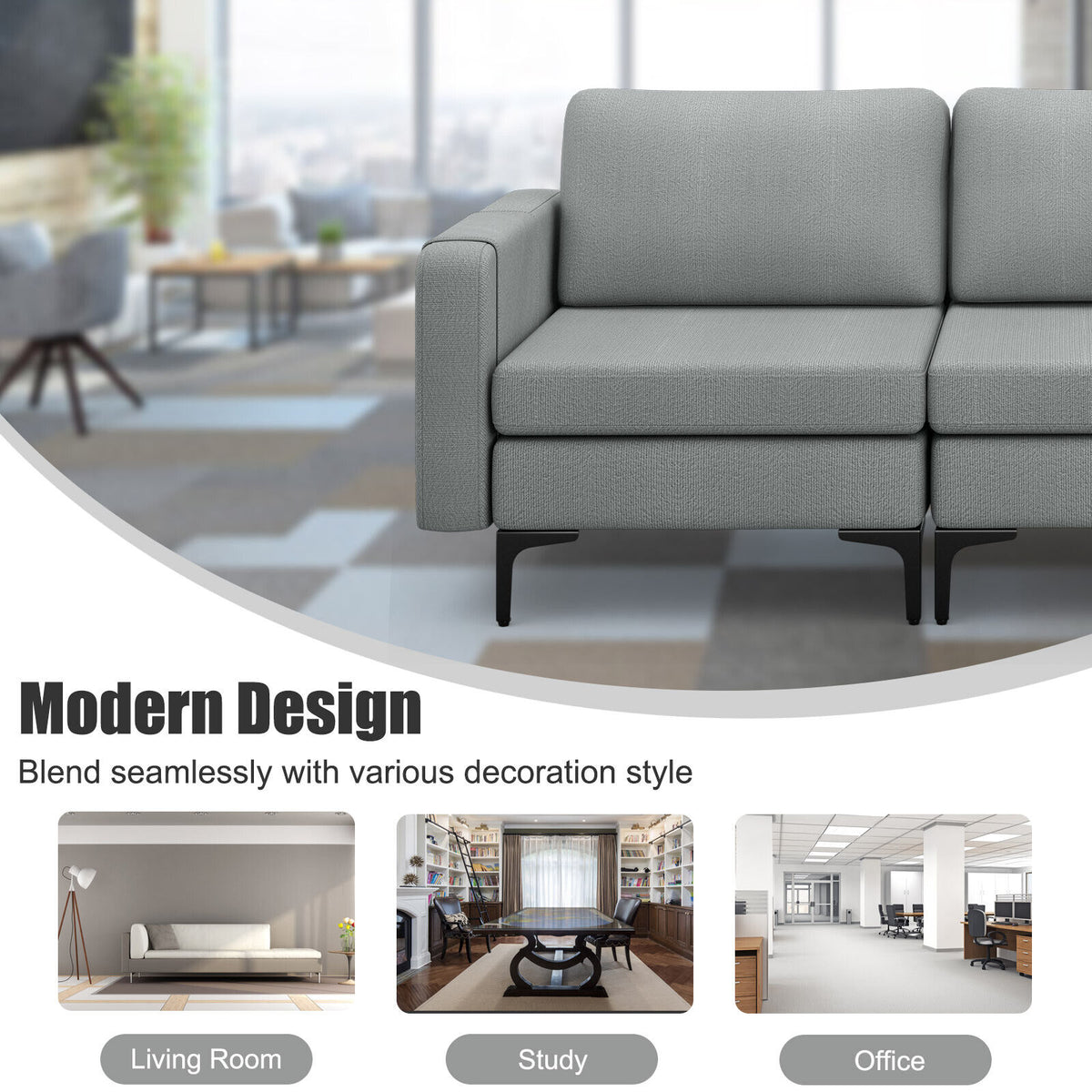 3-Seat Sectional Sofa with Armrest Storage, Gray