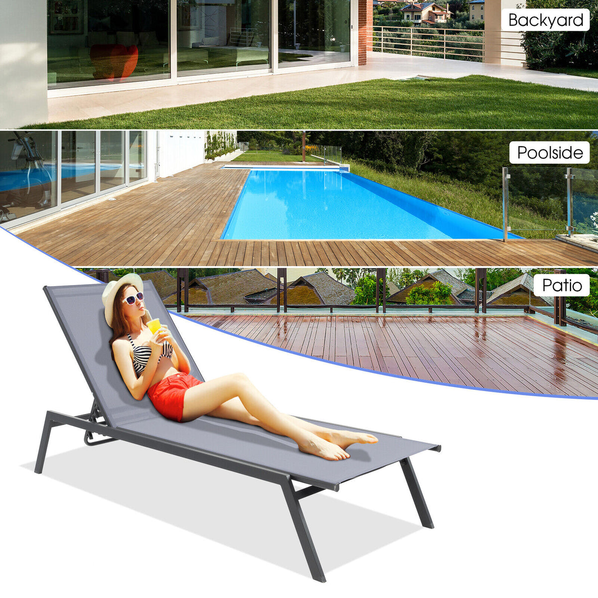 Outdoor Adjustable Chaise Lounge Chair with Lay Flat Position and