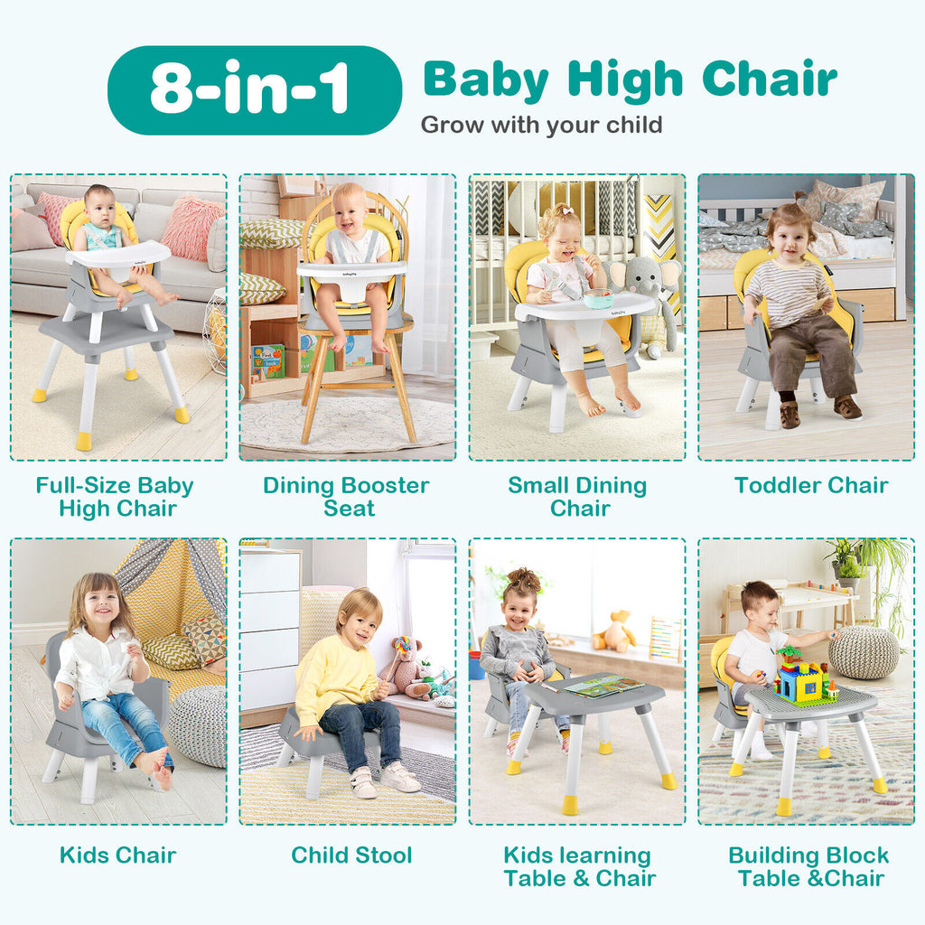 Yellow 8-in-1 Convertible Baby High Chair with Removable Tray & Adjustable Height