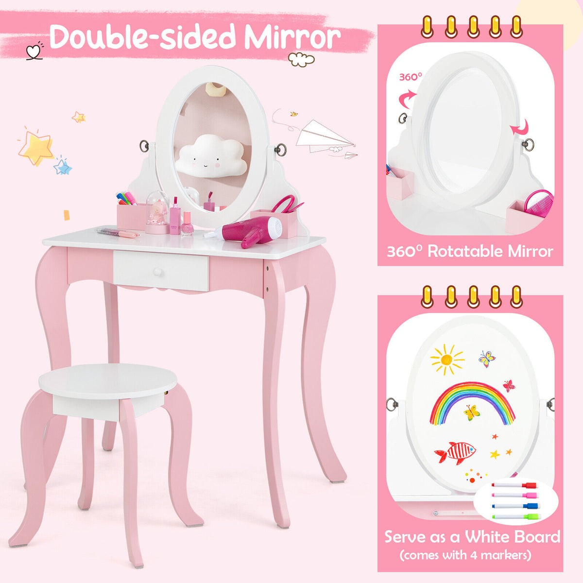 Kids Vanity Set with Rotatable Mirror & Play Accessories - Elliptical Style