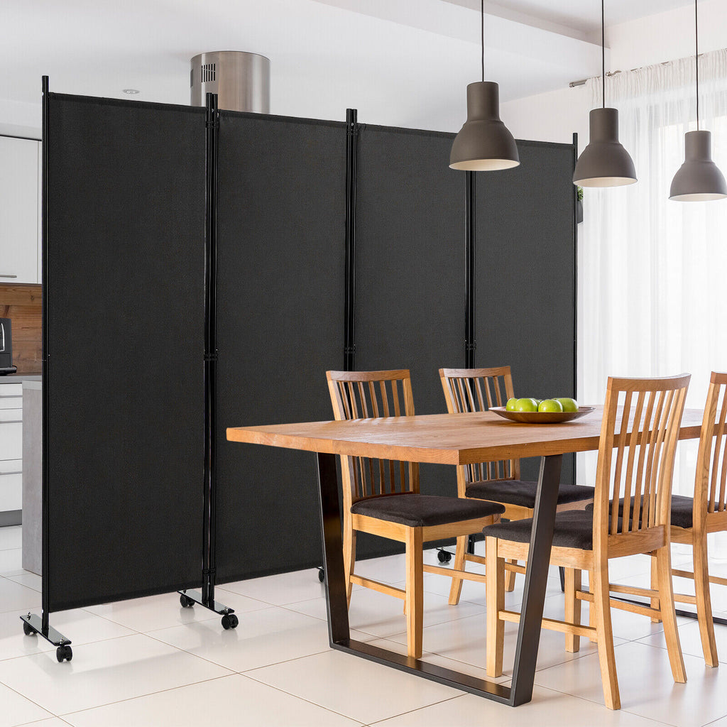 4-Panel Folding Room Divider Privacy Screen with Lockable Wheels - Black, 4 Panels & Wheels