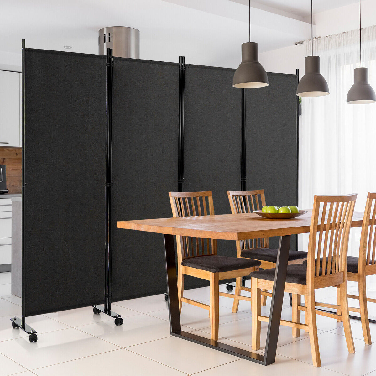 4-Panel Folding Room Divider Privacy Screen with Lockable Wheels - Black, 4 Panels & Wheels
