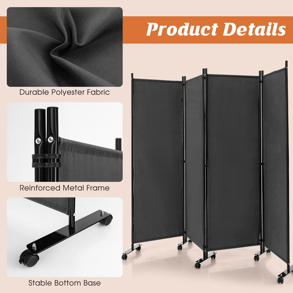 4-Panel Folding Room Divider Privacy Screen with Lockable Wheels - Gray, Includes Variation