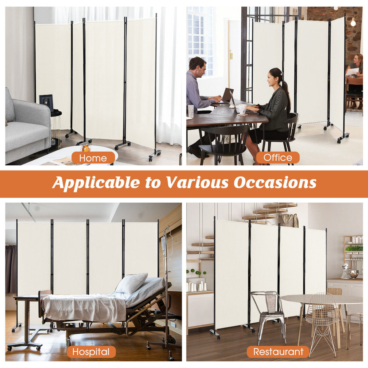 4-Panel Folding Room Divider Privacy Screen with Lockable Wheels – White, 4 Panels & Wheels