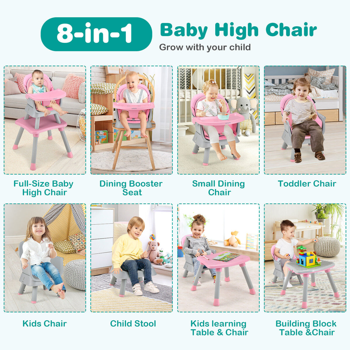 Pink 8-in-1 Convertible Baby High Chair with Removable Tray & Cushion - Costway
