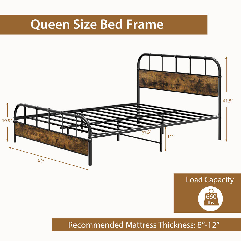 Queen Size Industrial Metal Platform Bed Frame with Headboard - Coffee