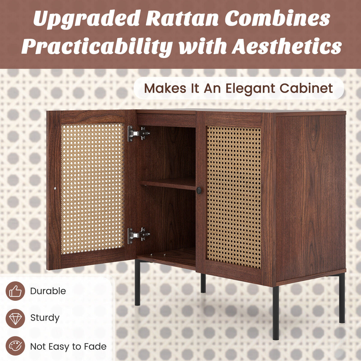 Rattan Storage Sideboard with Adjustable Shelf – Walnut