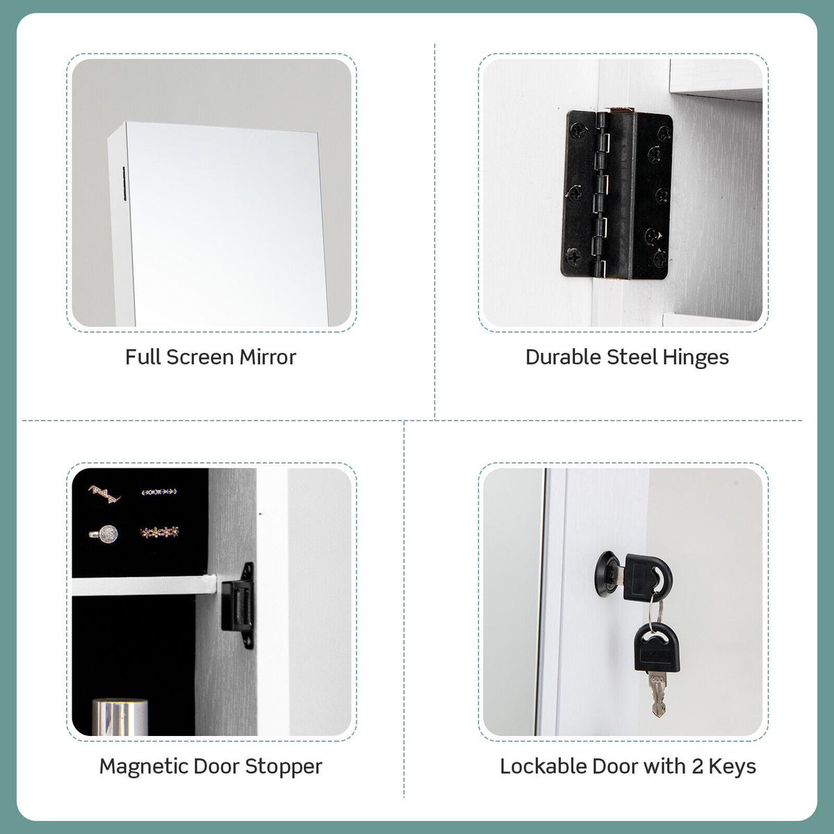 Jewelry Cabinet with Full-Length Mirror - White