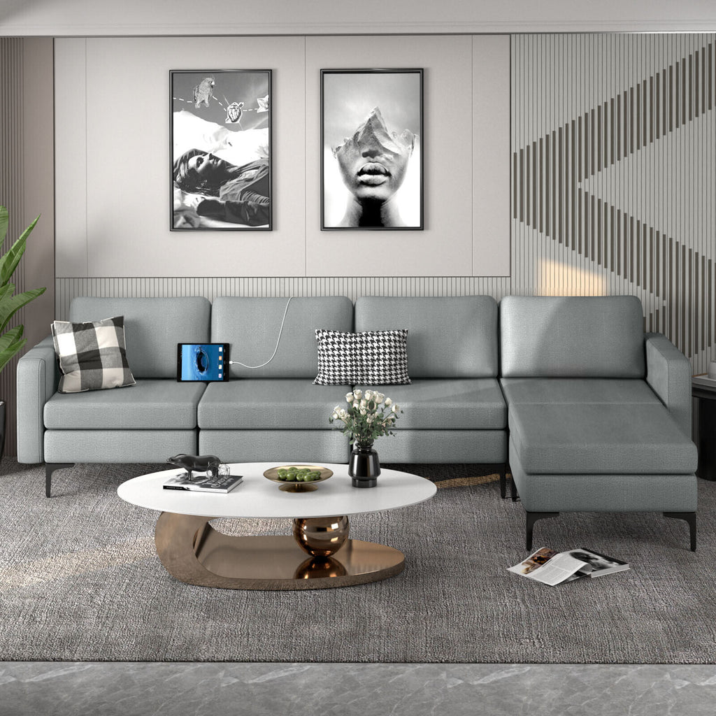 Modular L-Shaped Sectional Sofa with Reversible Ottoman & USB Ports - Gray