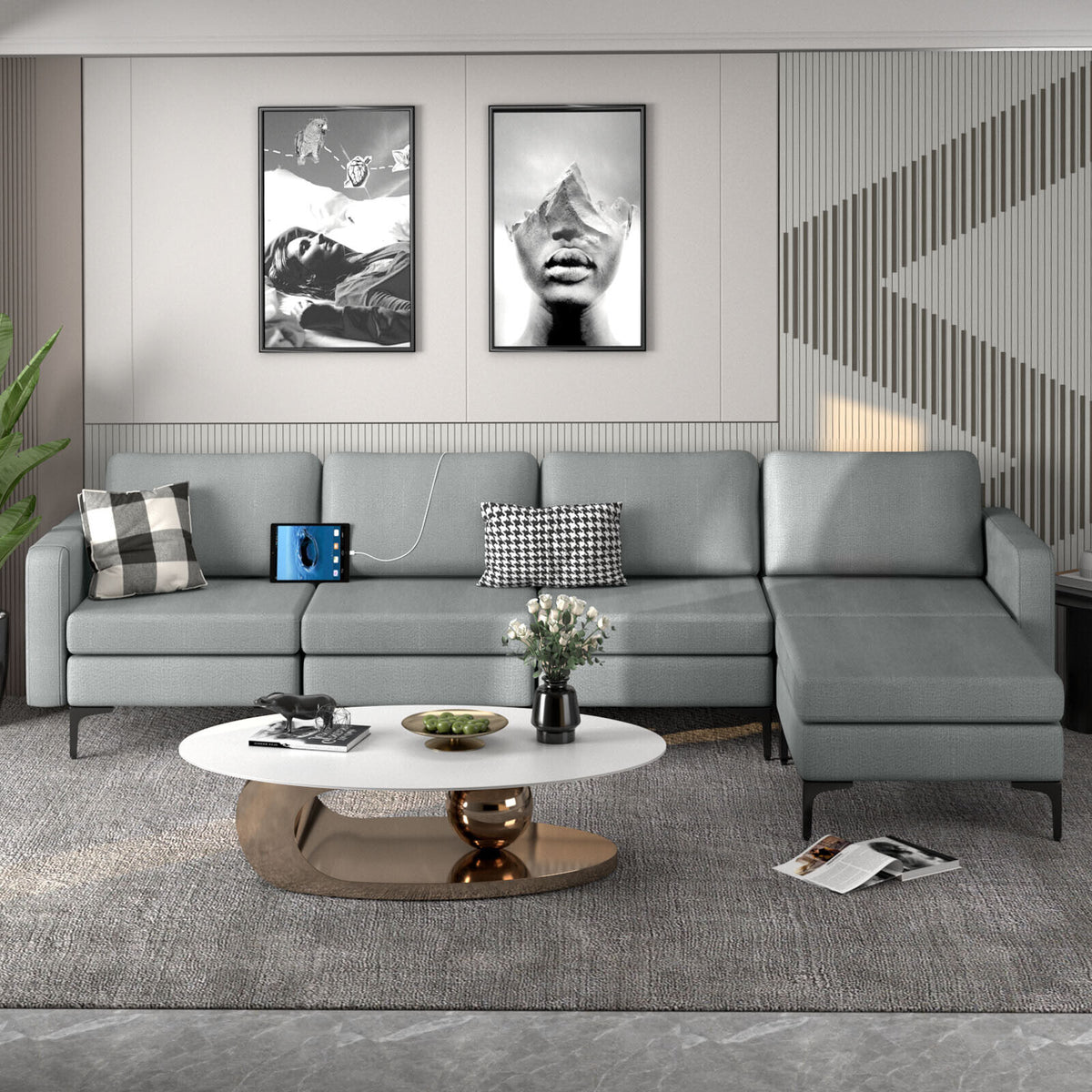 Modular L-Shaped Sectional Sofa with Reversible Ottoman & USB Ports - Gray