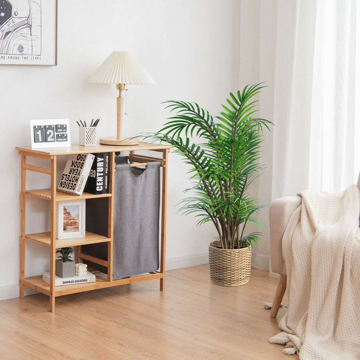 Bamboo Laundry Hamper Stand with Removable Sliding Bag and 3-Tier