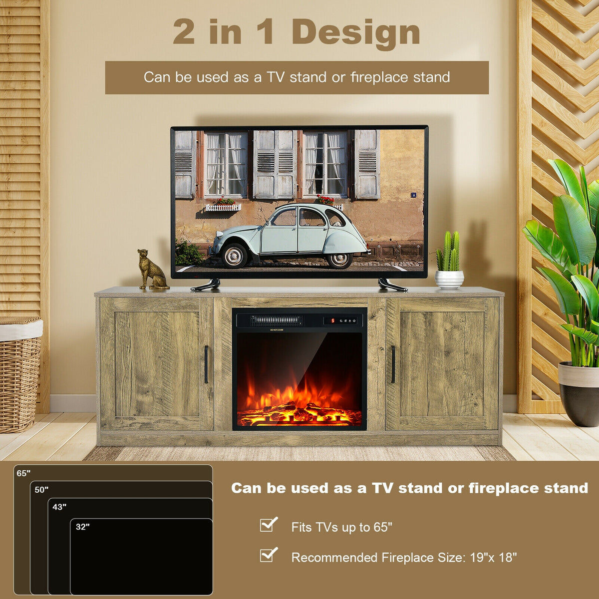 TV Stand with Double Barn Doors for 65 Inch TVs - Natural