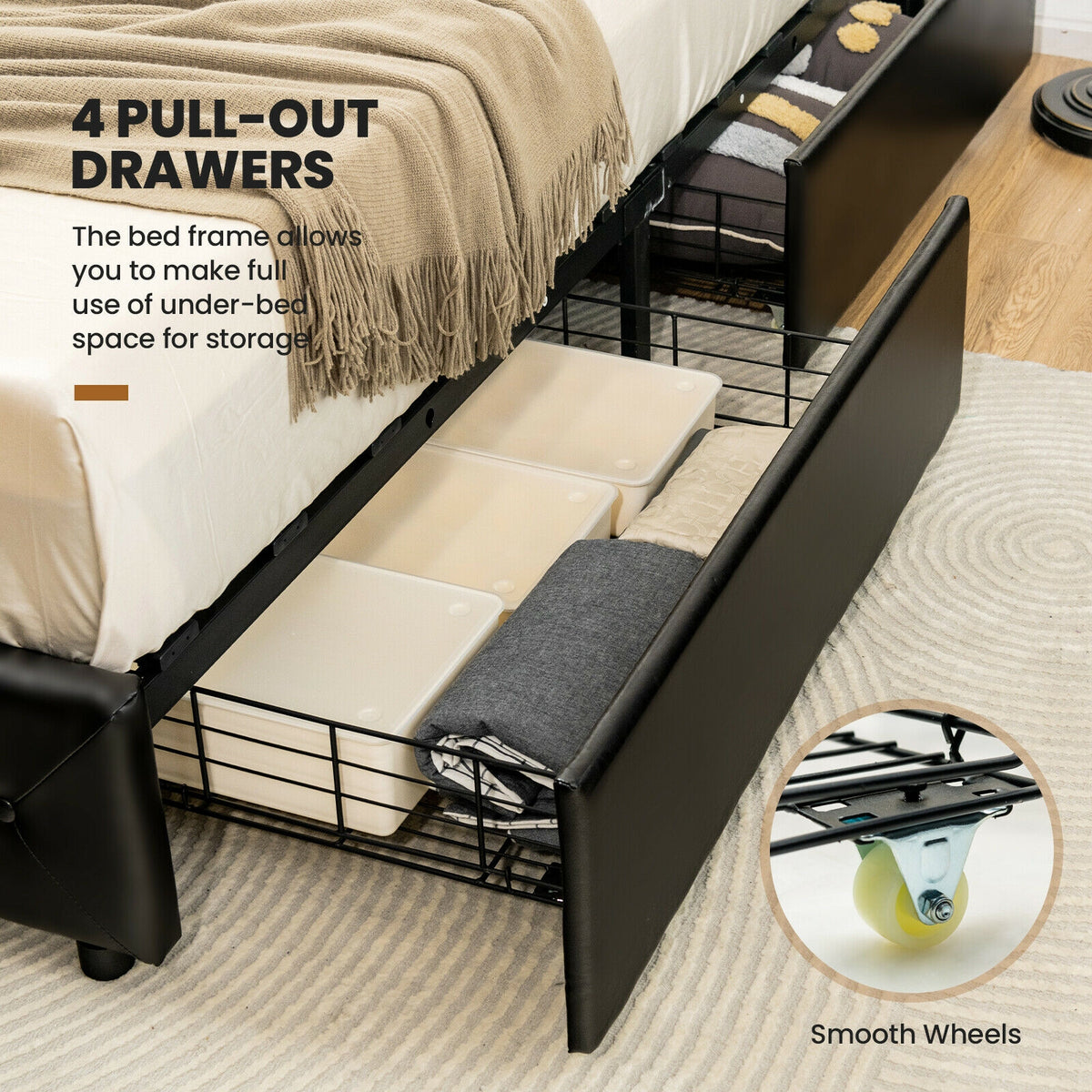 Full Size PU Leather Platform Bed with 4 Storage Drawers