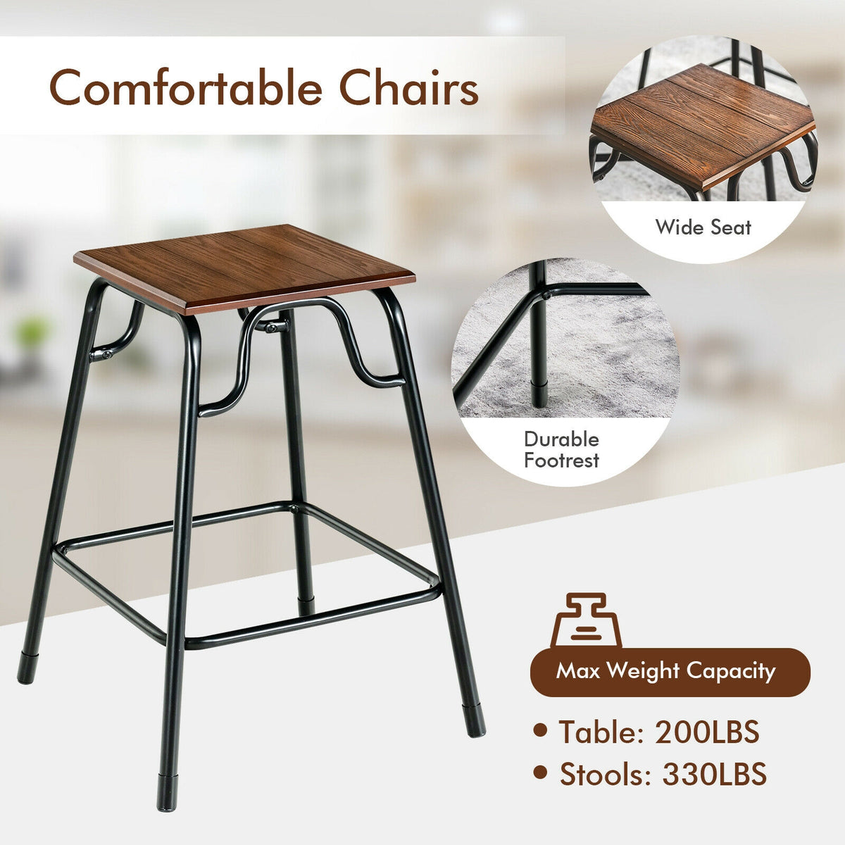 5-Piece Bar Table Set with 4 Counter Height Stools - Rustic Brown