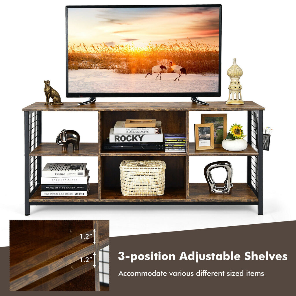 Mid-Century TV Stand 65 inch with Storage Basket, Rustic Brown