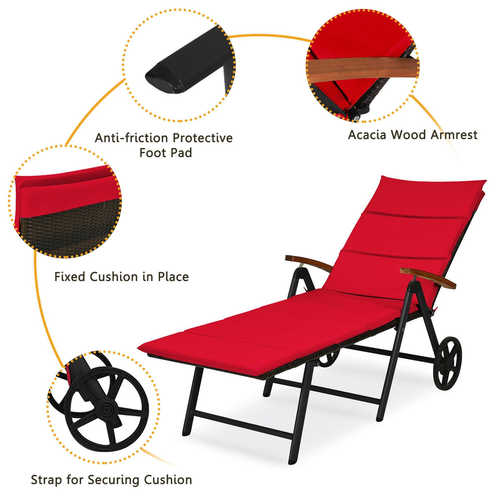 Folding Patio Rattan Lounge Chair with Wheels - Red
