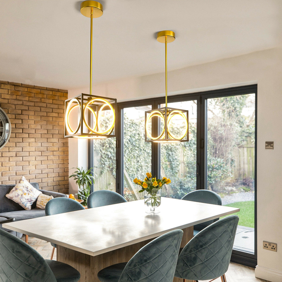Adjustable Suspender LED Pendant Light - Golden Cube Design, 42 Inch