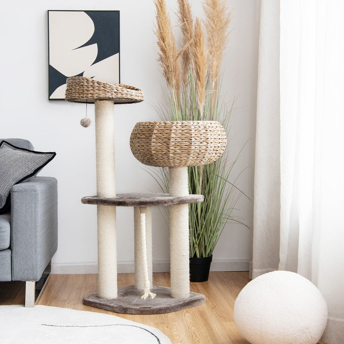 41 Inch Rattan Cat Tree with Napping Perch - Brown