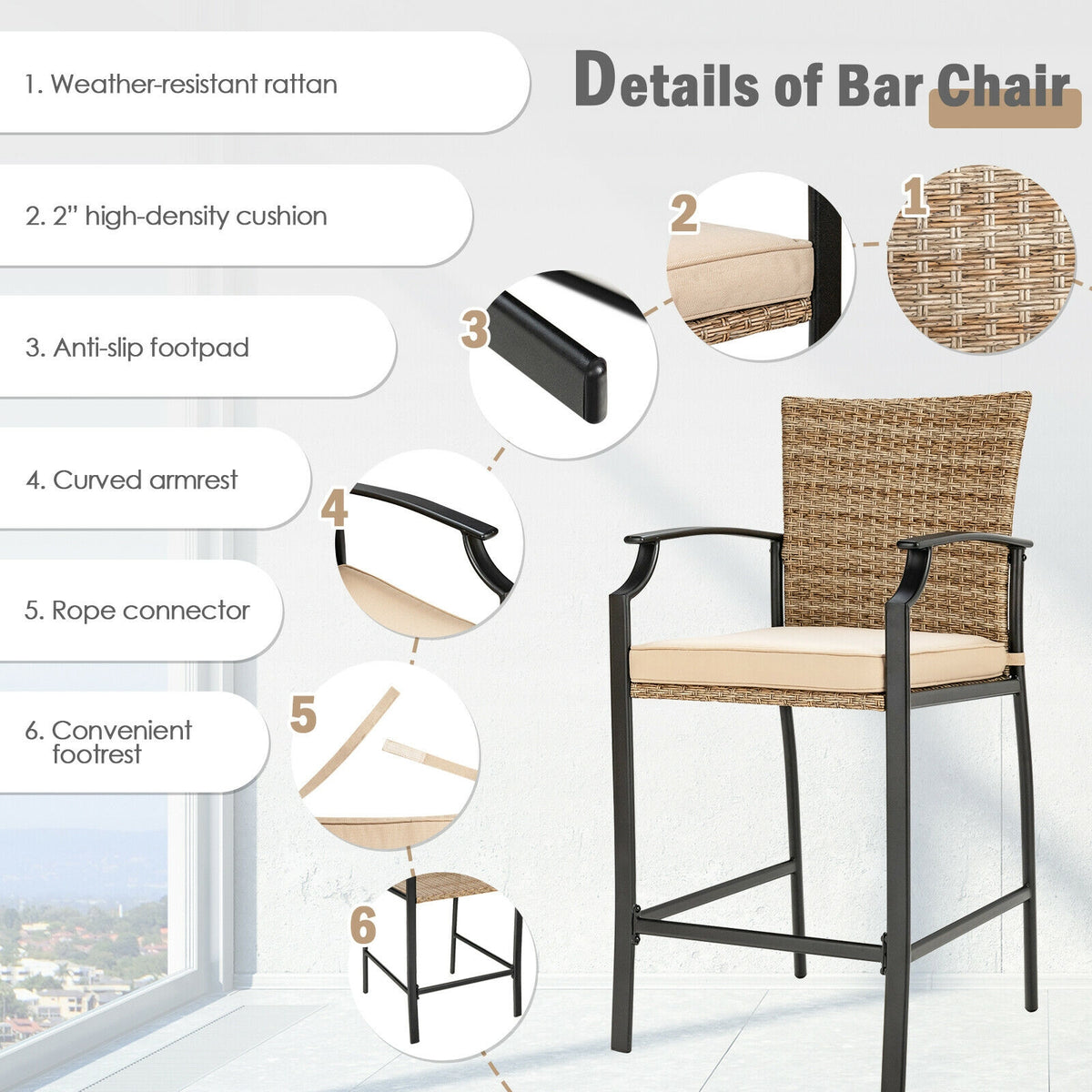 Patio Rattan Bar Stools Set of 4 with Soft Cushions