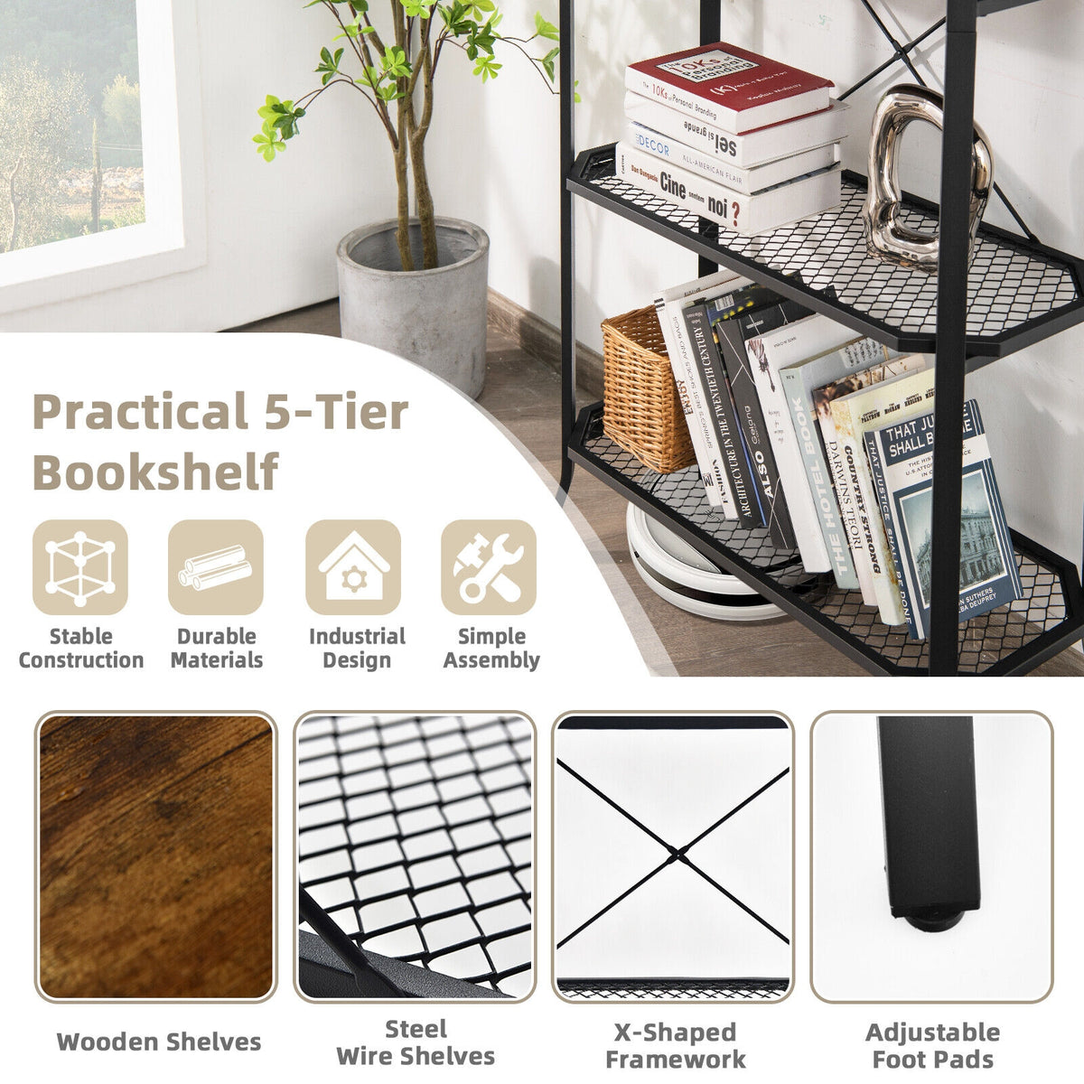 5-Layer Industrial Bookshelf - Rustic Brown