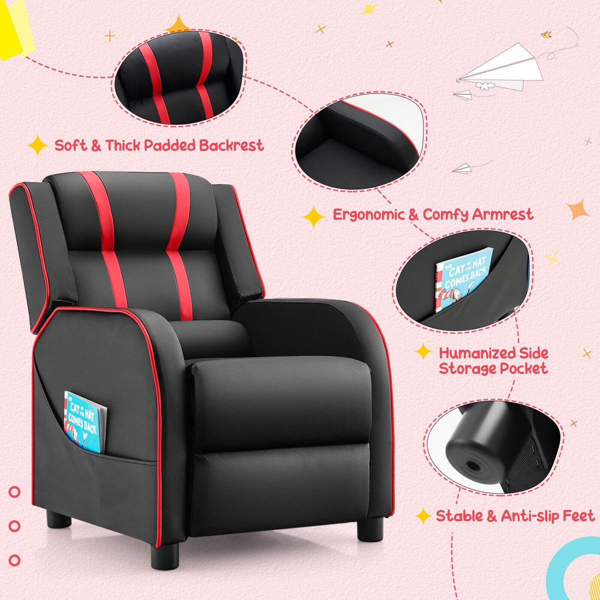 Kids Recliner Chair with Side Pockets & Footrest - Style G, Red