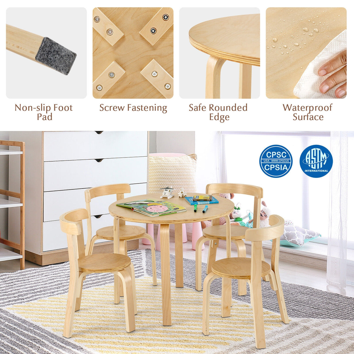 Kids Wooden Curved Back Activity Table and Chair Set - Round Natural