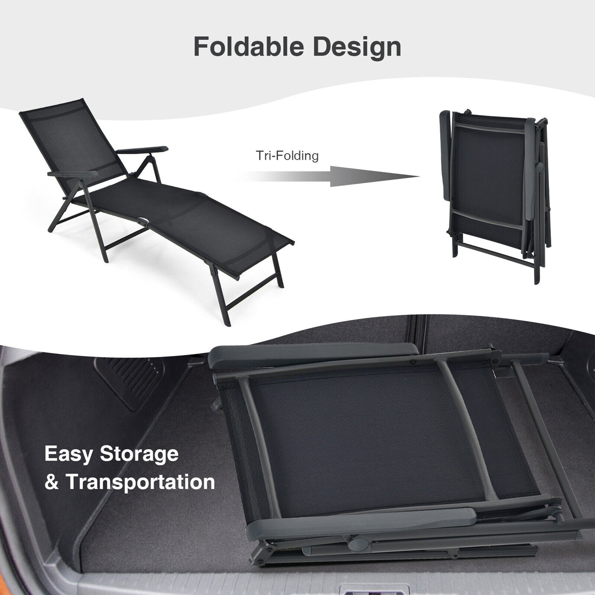 Foldable Chaise Lounge Chair with Footrest - Black