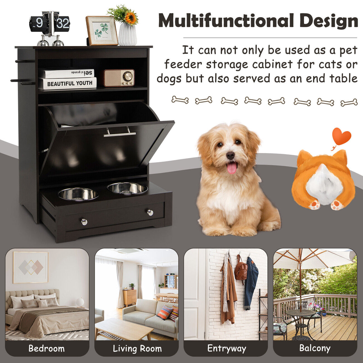 Pet Feeder Station with Stainless Steel Bowls - Coffee Variation
