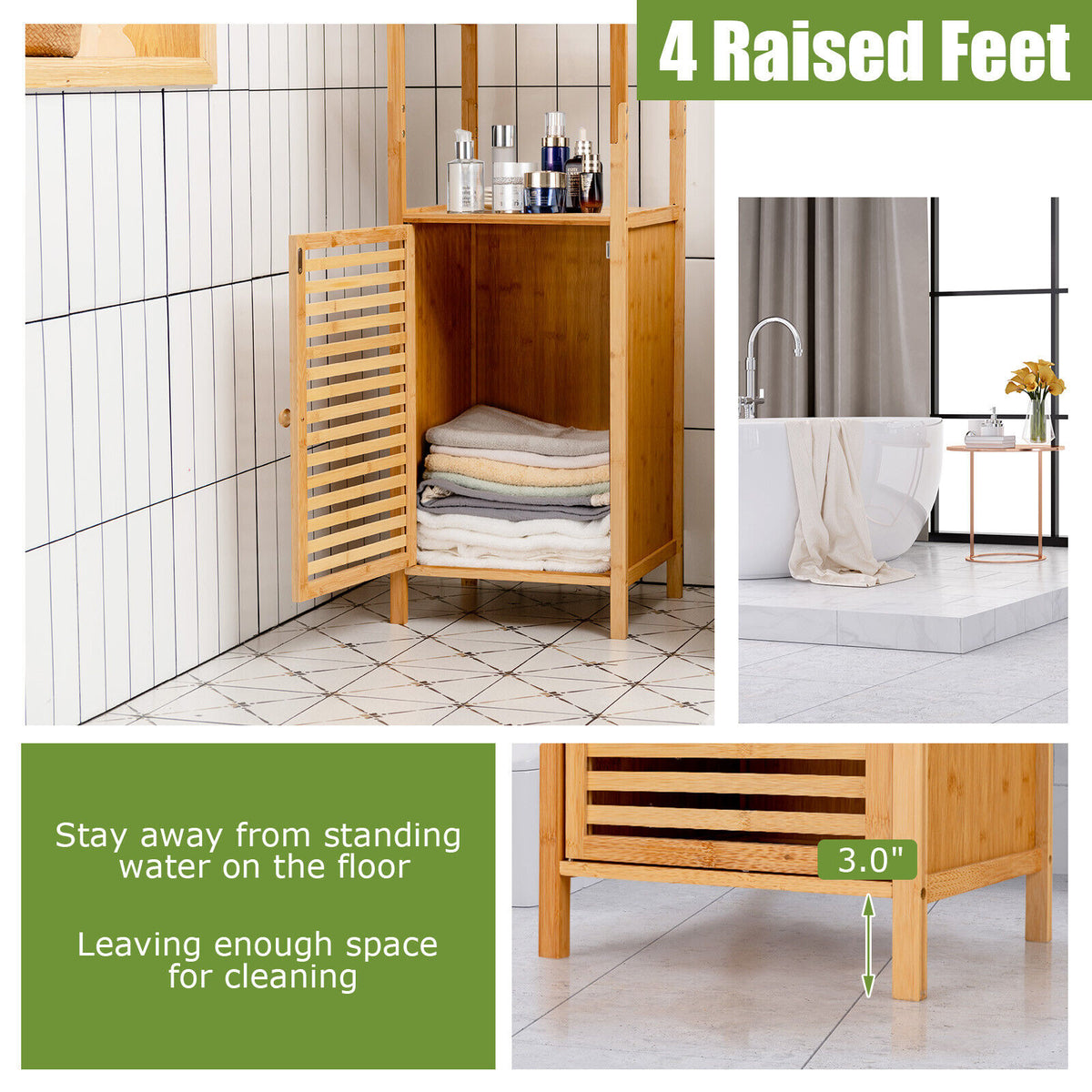 4-Tier Bamboo Floor Storage Cabinet with Shutter Door - 62-inch H