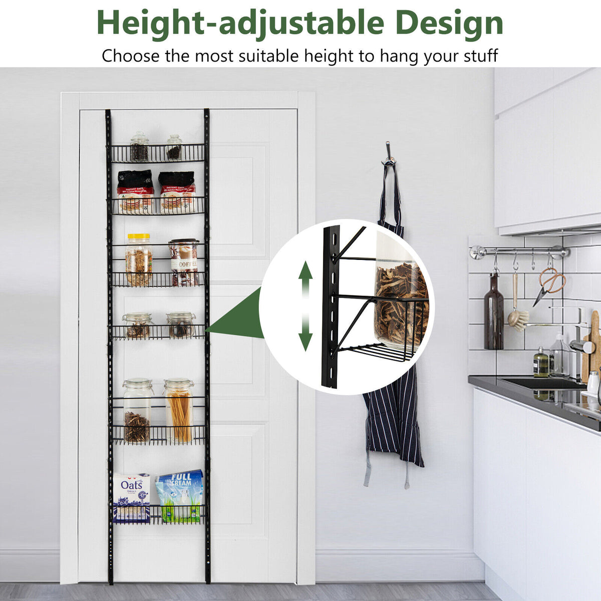 Over the Door Pantry Organizer Rack with Adjustable Hooks and 6 Baskets - Kitchen & Storage