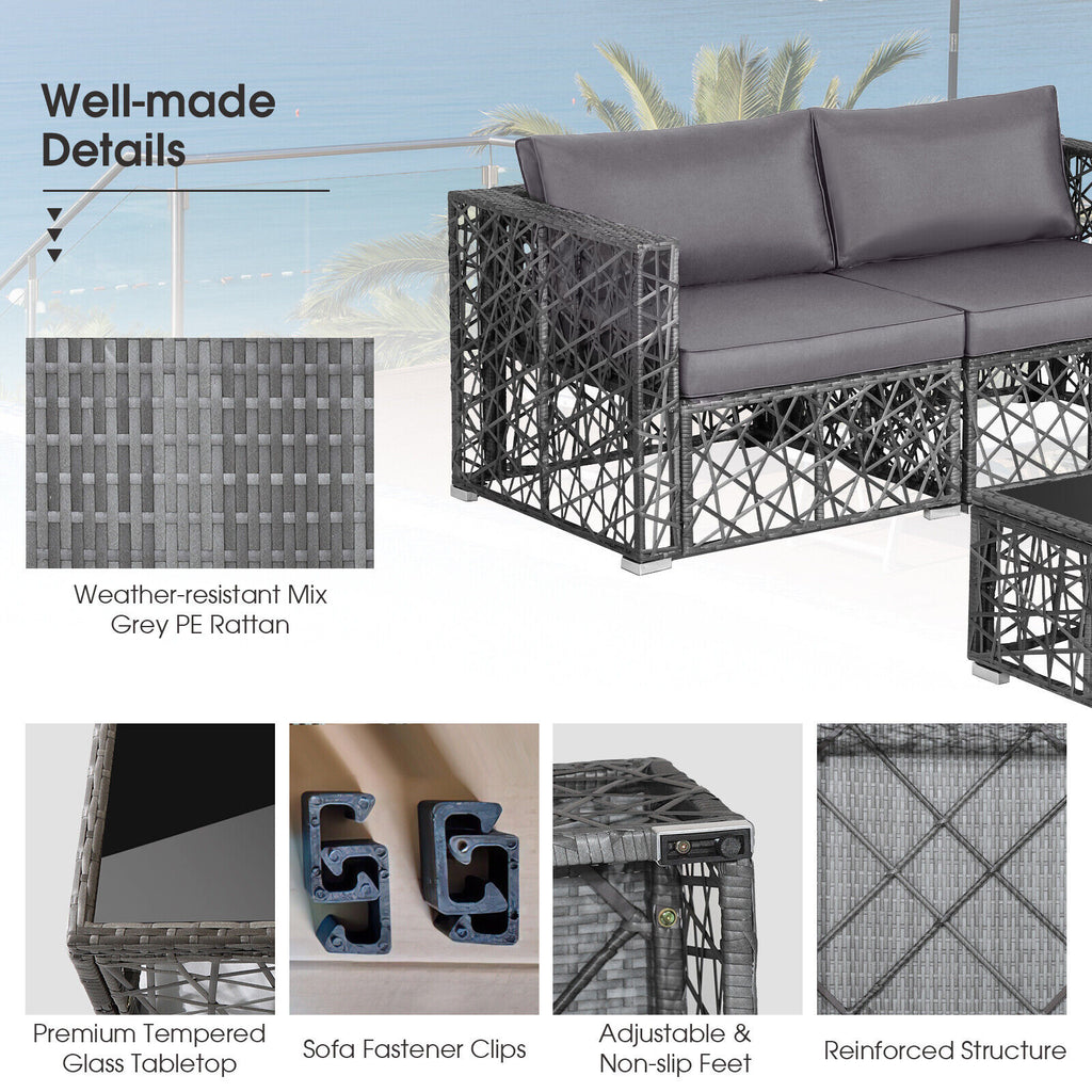 5-Piece PE Rattan Patio Sectional Sofa Set - Gray
